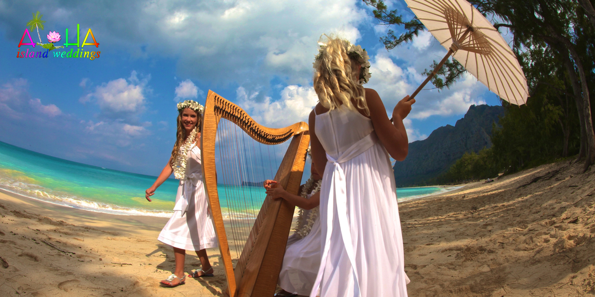 flowers girls delight in the dance around the harp at the wedding